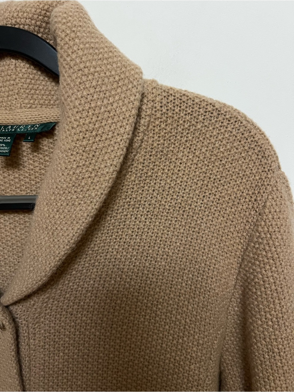 Lauren Ralph Lauren 100% Lambswool Shawl Collar Cardigan Sweater L Camel - Picture 5 of 11